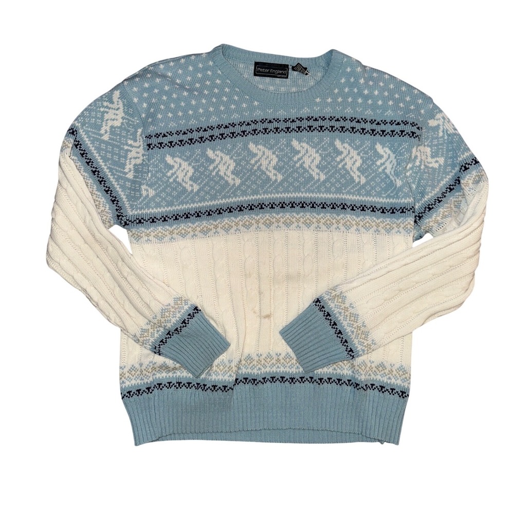 Peter England Vintage Reindeer Fair Isle Cable Knit Sweater Blue White XL